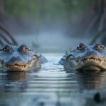 Two crocodilian heads emerging from murky wetland water, showing different snout shapes and tooth visibility.
