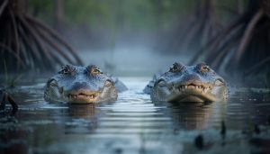 Two crocodilian heads emerging from murky wetland water, showing different snout shapes and tooth visibility.