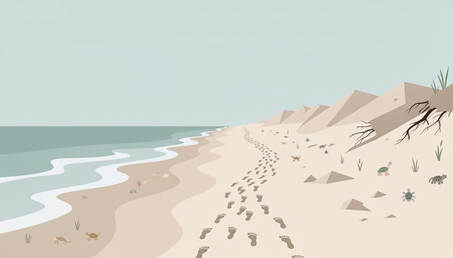 Sandy beach with disturbed sand and footprints near the dune edge under a cloudy sky