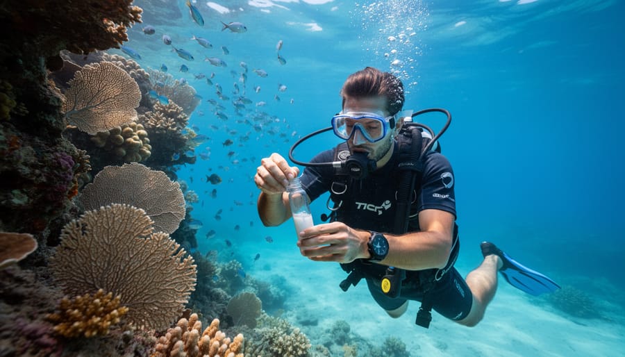 Scuba diver collecting a sterile water sample near a rocky reef.