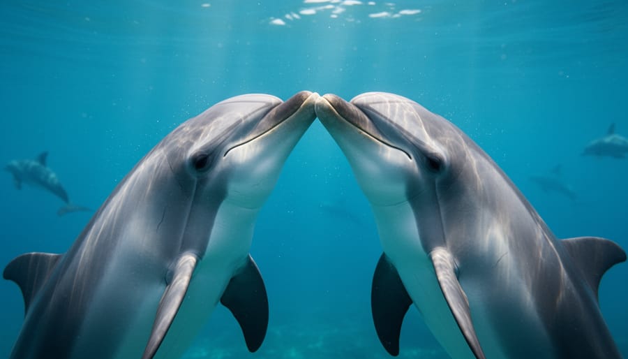 Dolphins swimming side-by-side with gentle body contact in blue ocean water