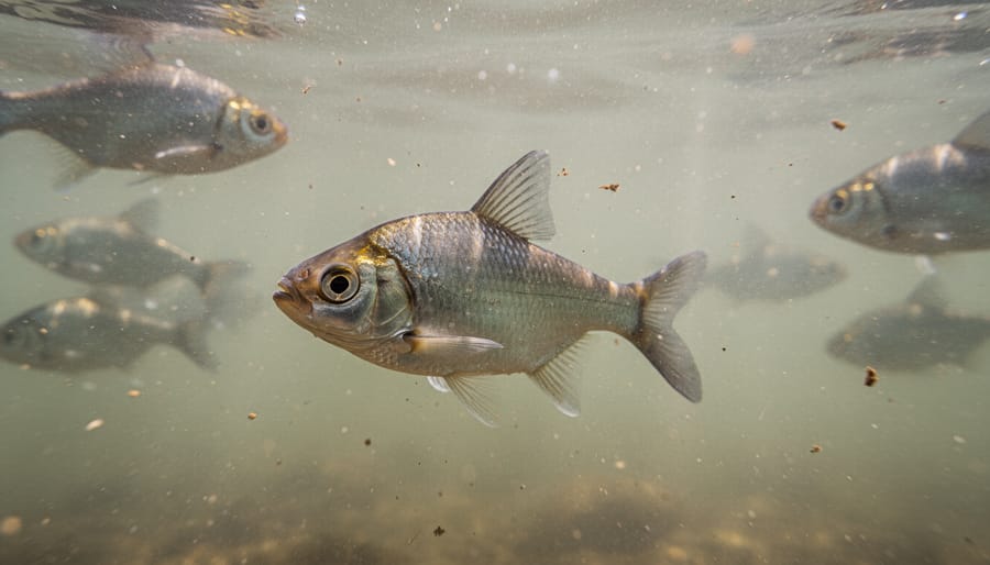 Macro underwater close-up of a fish with a dark polluted plume in the blurred background