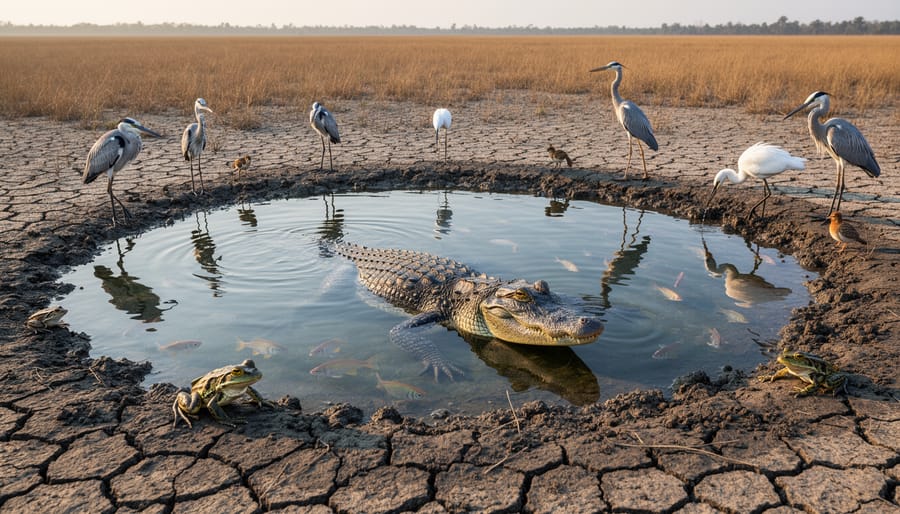 A small water pool formed by an American alligator ‘gator hole’ surrounded by dry wetland ground.