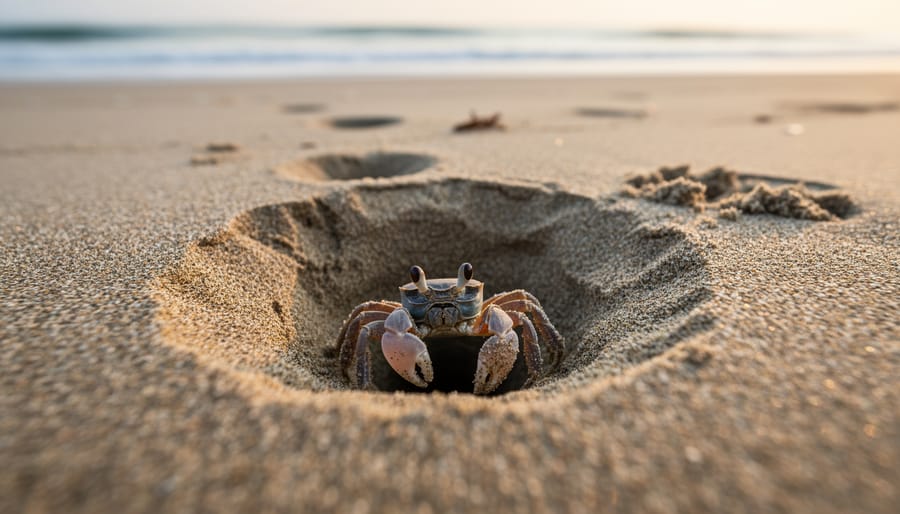 Ghost crab emerging from a burrow in rippled sandy beach sand at golden hour