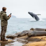 A person using a smartphone to document marine life near a rocky coast with a harbor seal onshore and a gray whale breaching in the distance