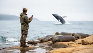 A person using a smartphone to document marine life near a rocky coast with a harbor seal onshore and a gray whale breaching in the distance