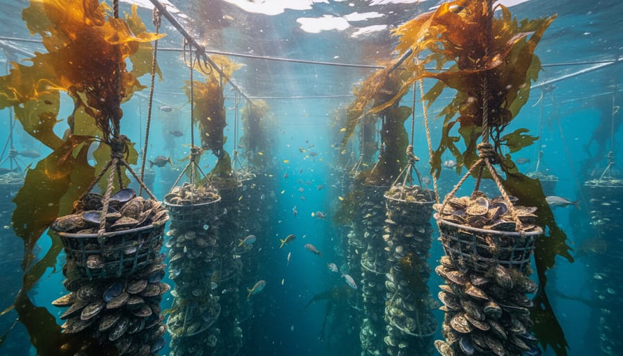 Water-level view through clear seawater showing seaweed and shellfish aquaculture lines