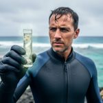 Marine researcher holding a water sample vial near a coral reef shoreline, representing antimicrobial research and its link to ocean health.