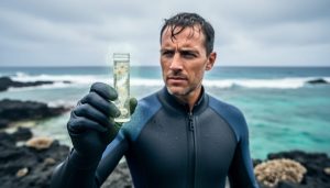 Marine researcher holding a water sample vial near a coral reef shoreline, representing antimicrobial research and its link to ocean health.