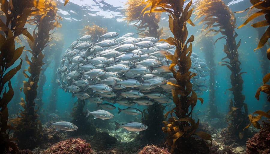 Underwater scene of a school of small fish swimming through a kelp forest under filtered sunlight