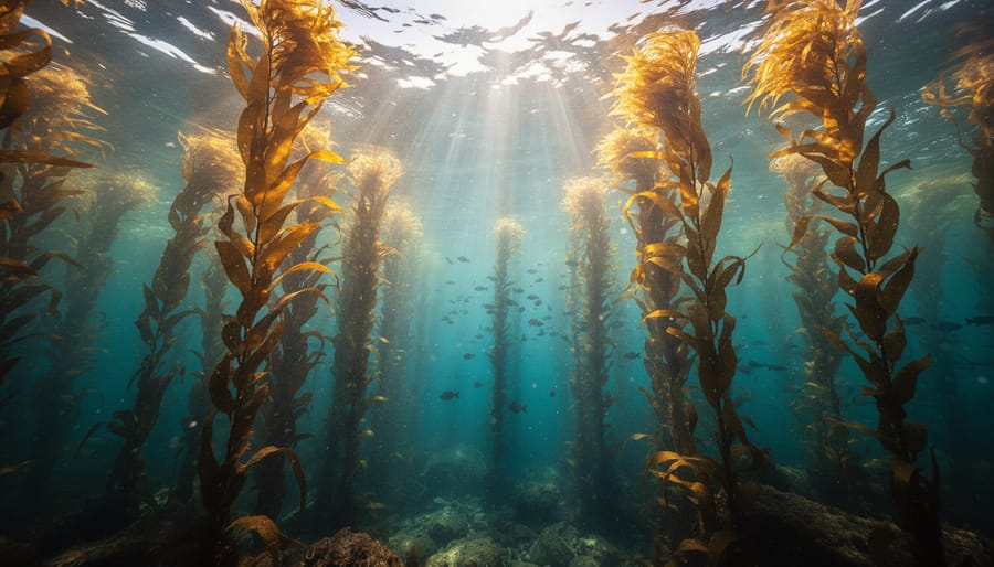 Underwater scene of kelp forest with sunbeams reaching through the water