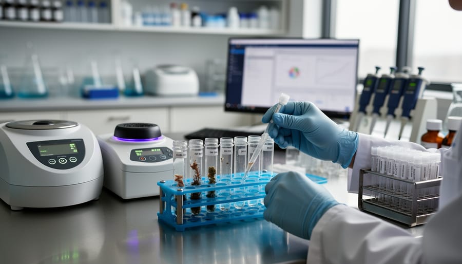 Gloved laboratory hands placing microtubes into a rack under bright bench-top light.