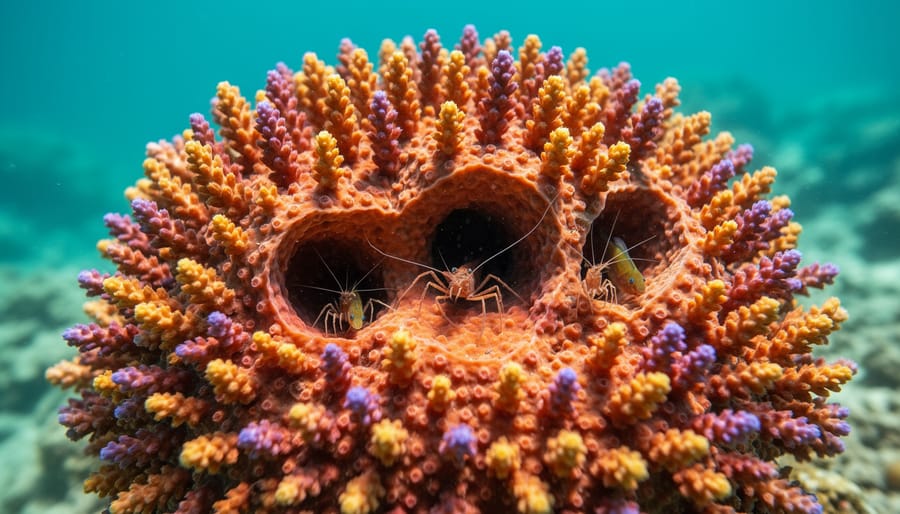 Macro view of branching coral with visible polyps and small reef fish in the background