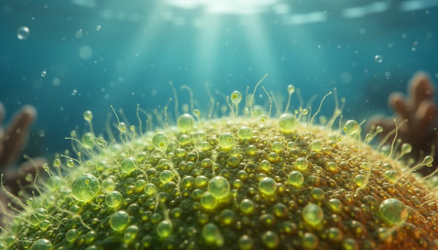 Macro close-up of green seaweed blade with floating microalgae particles on the ocean surface