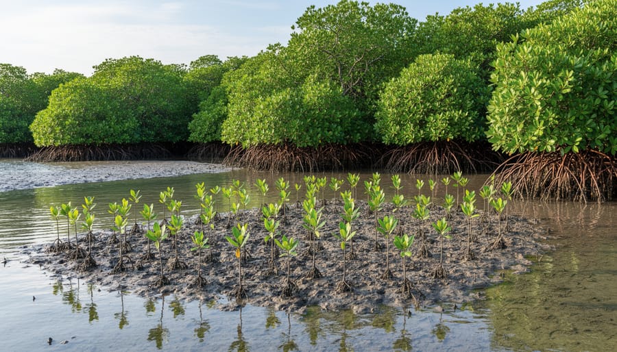Mangrove seedlings growing in muddy coastal soil with warm sunlight and blurred water in the background