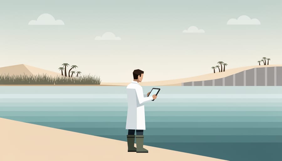 Marine biologist standing by a coastal marsh and tidal pools while observing shoreline habitat