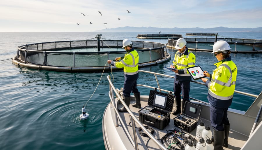 Marine biologist collecting seawater samples beside aquaculture equipment on a research vessel