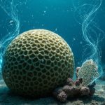 Close-up of a marine sponge and coral fragment in deep blue ocean water with subtle bioluminescent light trails suggesting hidden biosynthetic gene clusters.