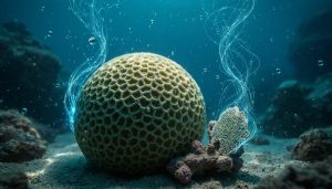 Close-up of a marine sponge and coral fragment in deep blue ocean water with subtle bioluminescent light trails suggesting hidden biosynthetic gene clusters.