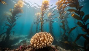 Underwater view of a kelp forest and coral with a school of fish swimming through sunlit blue-green water, representing marine life resilience to climate change.