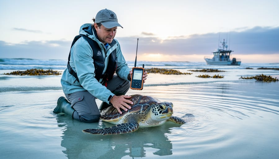 A marine conservation biologist kneeling beside a sea turtle in shallow coastal water while using waterproof acoustic telemetry monitoring gear.