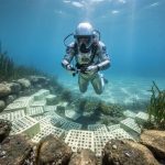 A diver underwater inspecting a living shoreline made of natural rocks and sea plants with a reef-like structure blending into the seabed