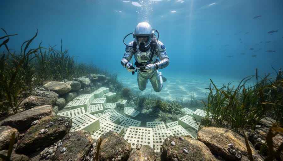 A diver underwater inspecting a living shoreline made of natural rocks and sea plants with a reef-like structure blending into the seabed