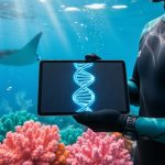Marine scientist underwater near a colorful coral reef, with DNA-like blue light patterns symbolizing marine genomics and conservation.