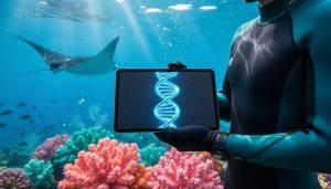 Marine scientist underwater near a colorful coral reef, with DNA-like blue light patterns symbolizing marine genomics and conservation.
