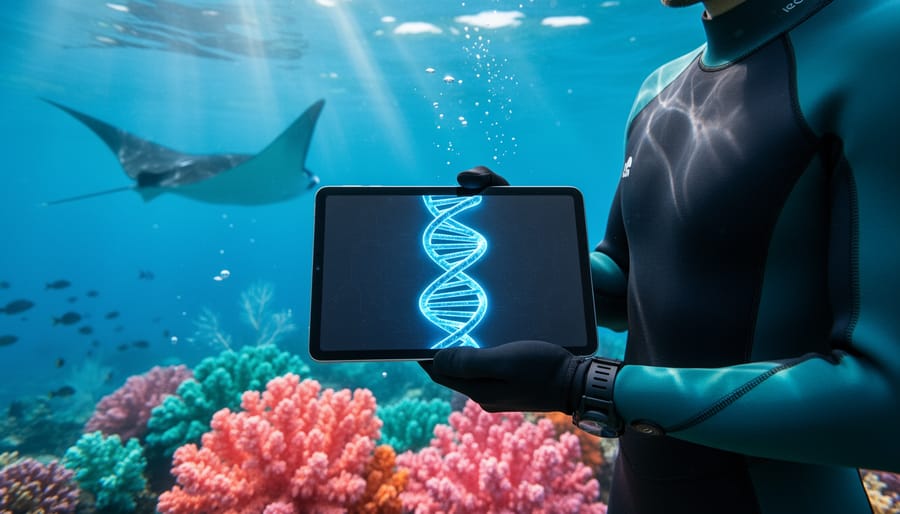Marine scientist underwater near a colorful coral reef, with DNA-like blue light patterns symbolizing marine genomics and conservation.