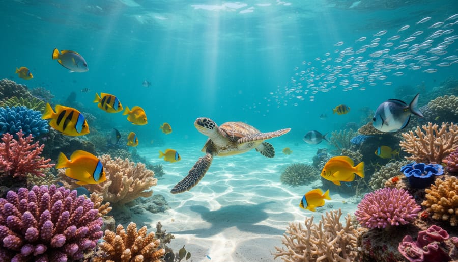 Fish and mussels resting on coastal rocks in clear underwater light