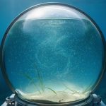 Underwater photo through a glass dome showing swirling seawater particles, faint glowing specks representing microorganisms, and seagrass over a sandy seabed.