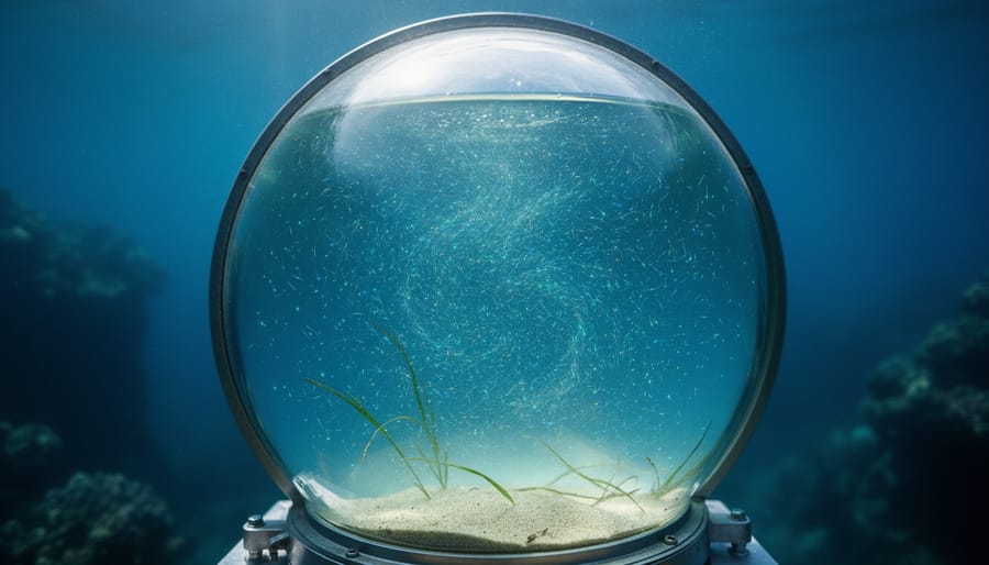 Underwater photo through a glass dome showing swirling seawater particles, faint glowing specks representing microorganisms, and seagrass over a sandy seabed.