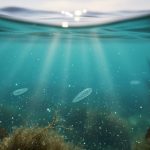 Sunlit ocean water with subtle glowing phytoplankton-like particles and underwater light rays indicating marine photosynthesis.