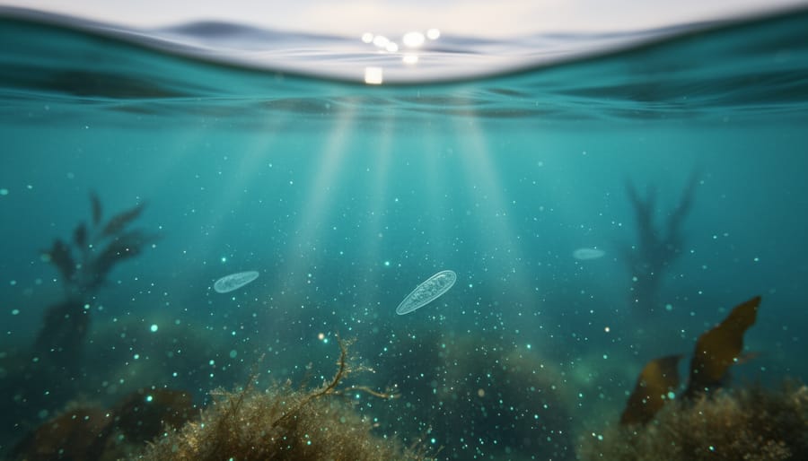 Sunlit ocean water with subtle glowing phytoplankton-like particles and underwater light rays indicating marine photosynthesis.