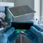 Gloved hands hold a cuvette of seawater in a research setting with a softly blurred coral reef background.