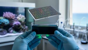 Gloved hands hold a cuvette of seawater in a research setting with a softly blurred coral reef background.
