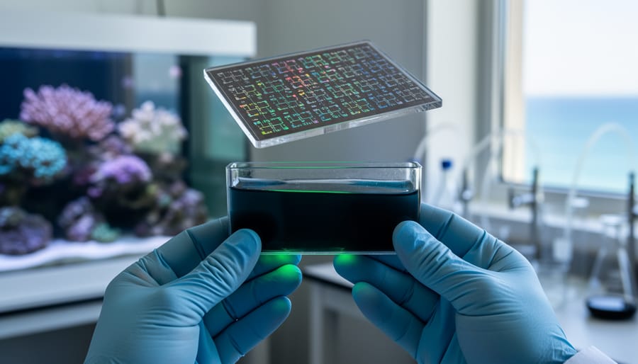 Gloved hands hold a cuvette of seawater in a research setting with a softly blurred coral reef background.