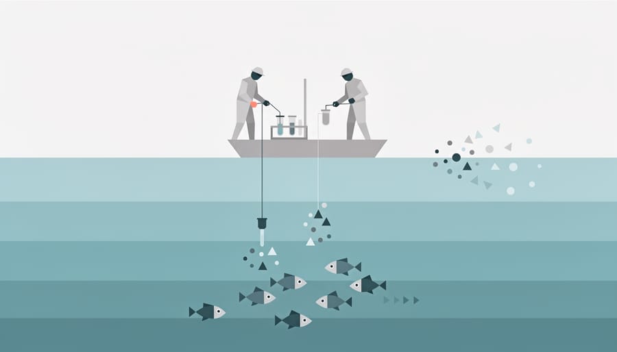 Researcher on a boat collecting water samples from the ocean surface in the morning light