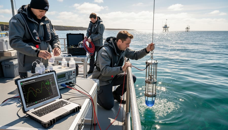 Marine researchers in waders collecting a water sample with a clear bottle from a pier