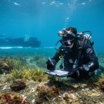 A marine habitat assessment scene showing a diver examining the seafloor near a distant cargo ship in a harbor.