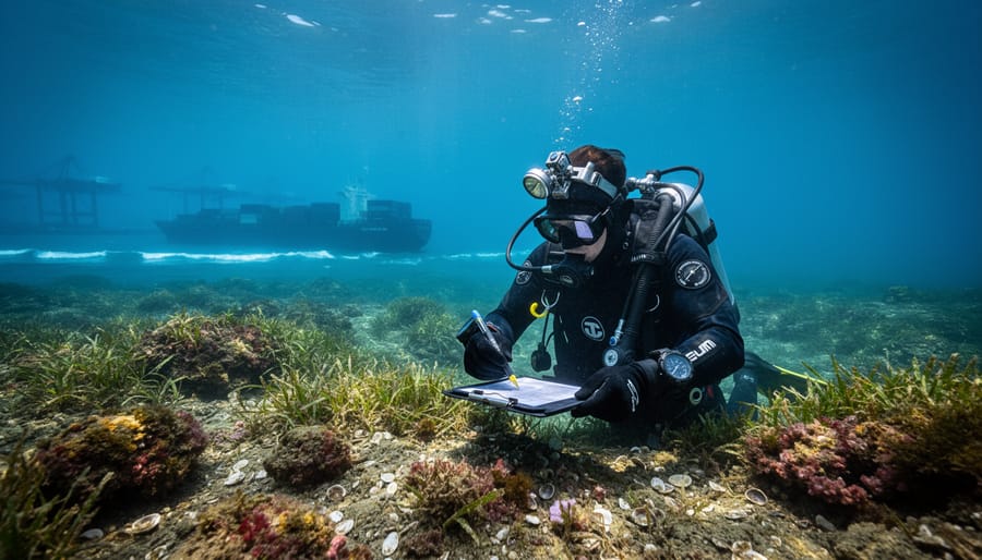 A marine habitat assessment scene showing a diver examining the seafloor near a distant cargo ship in a harbor.