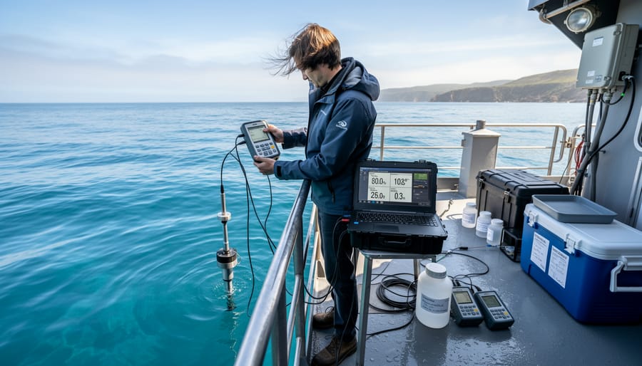 A research team on a small vessel preparing to deploy an ocean water probe.