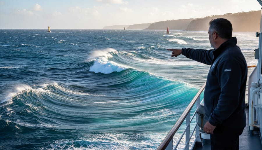 Ocean waves showing wind chop and deeper swell patterns near a rocky island.