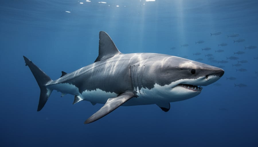 Great white shark swimming through open ocean blue water with sunlight reflecting on the surface