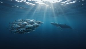 A wide view of the open ocean’s water column with sunlit light rays above, darker deep water below, and a distant whale and schooling fish swimming through the pelagic layers.