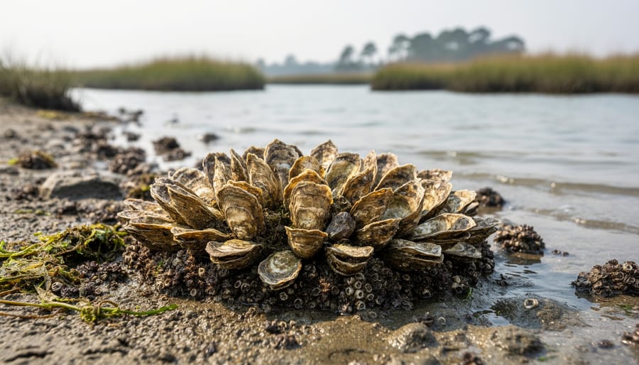 Close-up of oyster shells and a partially submerged oyster reef at the shoreline.