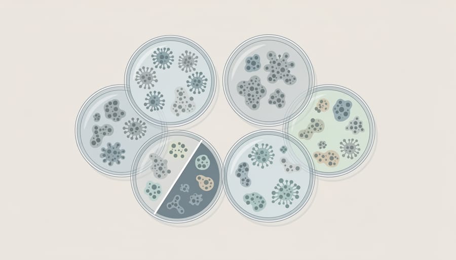 Macro view of petri dishes with agar showing subtle microbial growth textures in a laboratory setting