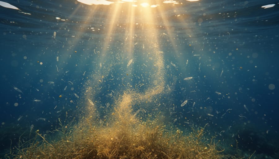 Sunlit water with dense green micro-particles indicating phytoplankton activity in the pelagic zone