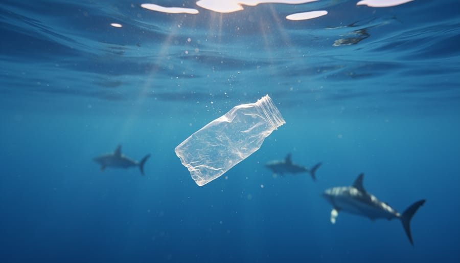 Gloved hands holding a piece of plastic floating on the ocean surface with distant open water in the background